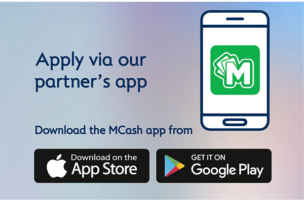 Download the MCash app via App Store or Google Play