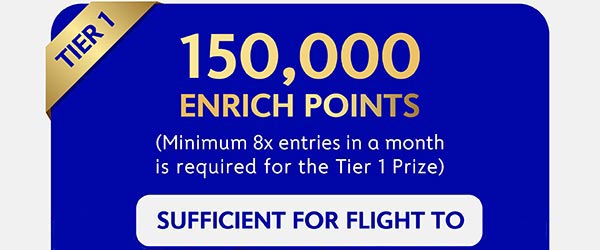 150,000 Enrich Points - Minimum 8x entries in a month is required for the Tier 1 Prize