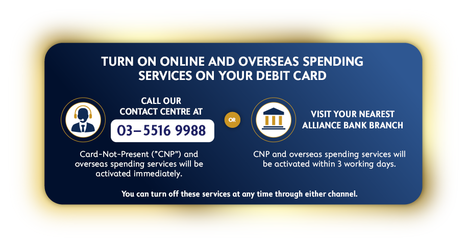 Turn on online and overseas spending services on your debit card
