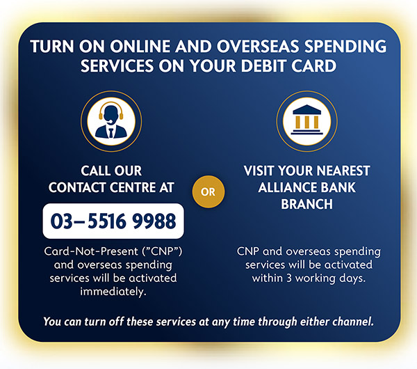 Turn on online and overseas spending services on your debit card