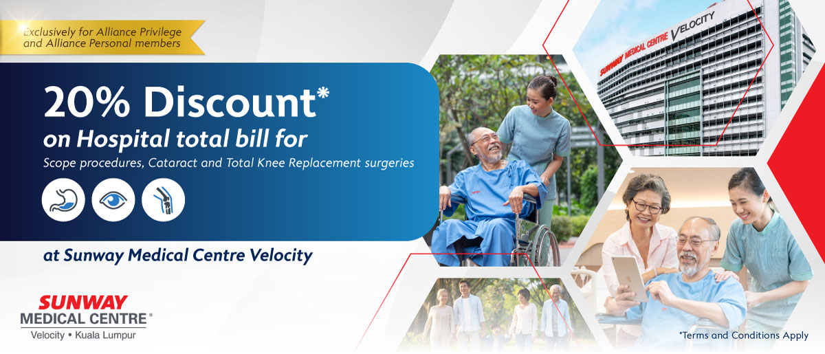 Enjoy 20% Discount* on Hospital Total Bill for Scope procedures, Cataract and Total Knee Replacement surgeries at Sunway Medical Centre Velocity, Kuala Lumpur. 

