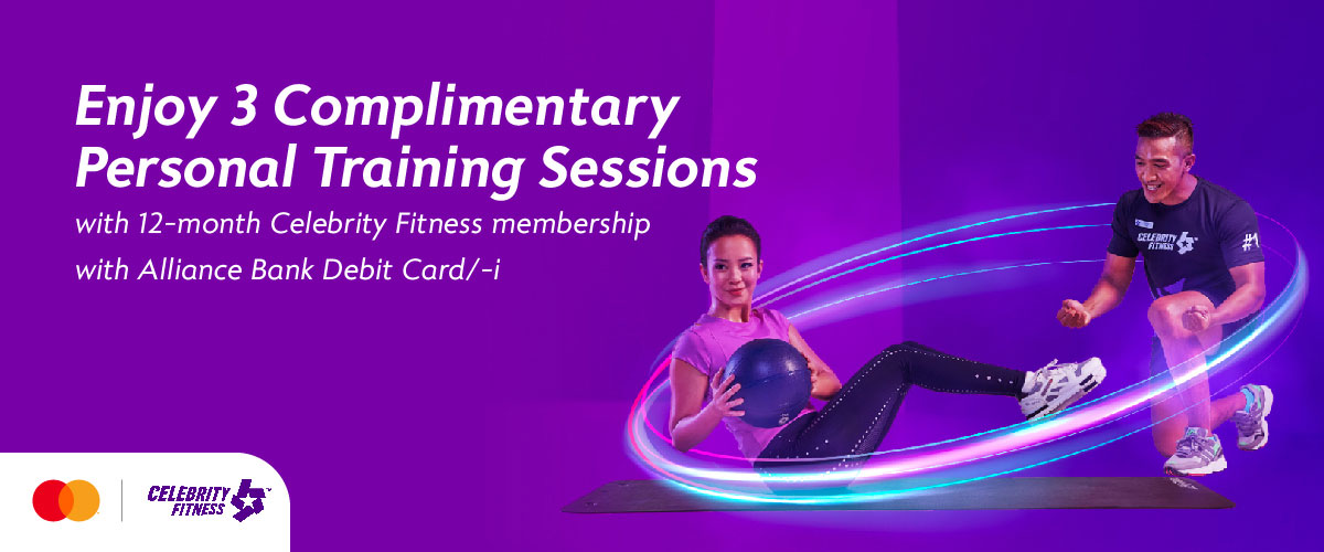Enjoy three 3 personal training sessions after signing up for 12-month Celebrity Fitness membership with your Debit Card/-i.