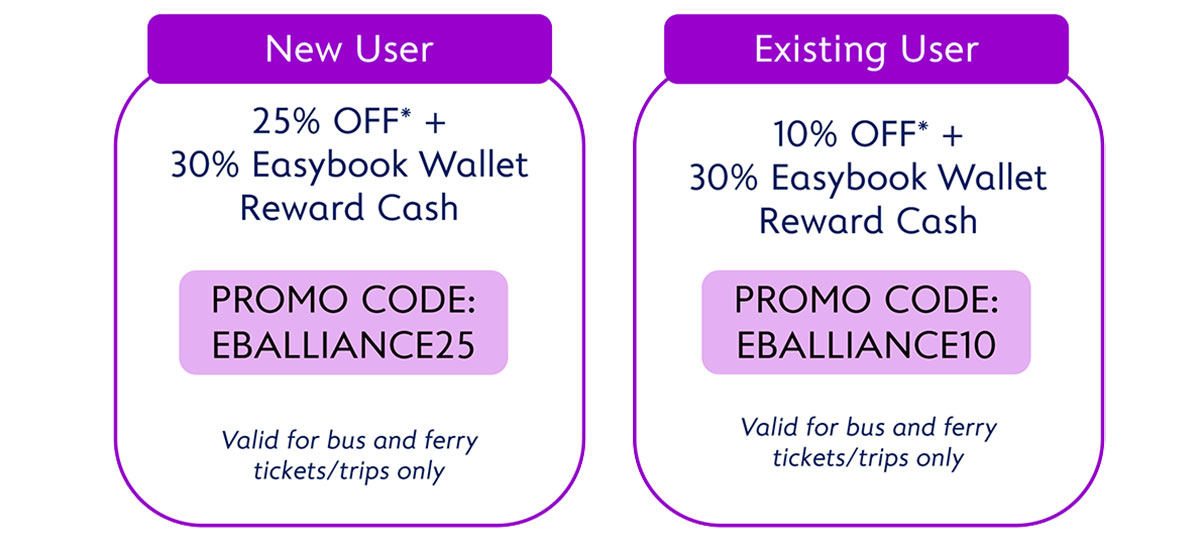 New User : 25%25 OFF* +  30%25 Easybook Wallet Reward Cash and Existing User : 10%25 OFF* +  30%25 Easybook Wallet Reward Cash