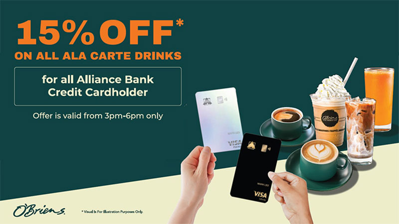 Get 15% OFF Ala Carte Drinks from 3pm to 6pm at O’Briens Irish Sandwich Café with your Alliance Bank Credit Card