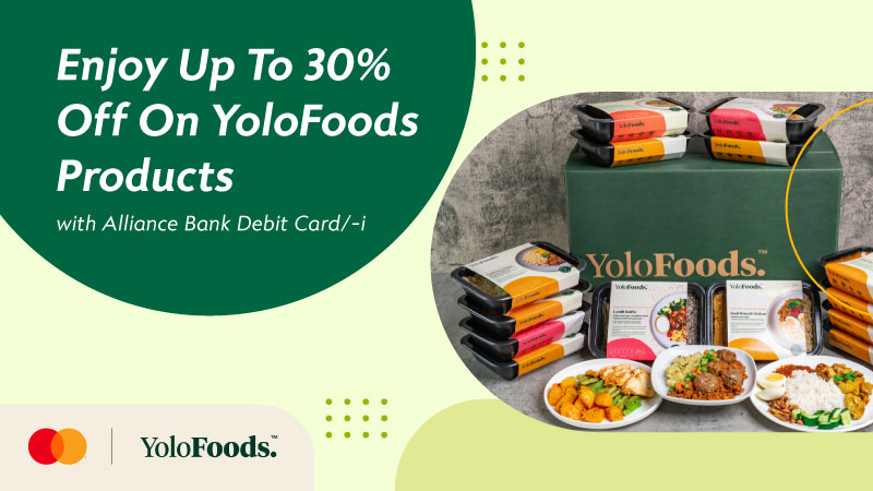 Enjoy up to 30% off Description: on YoloFoods products with Alliance Bank Debit Card/-i