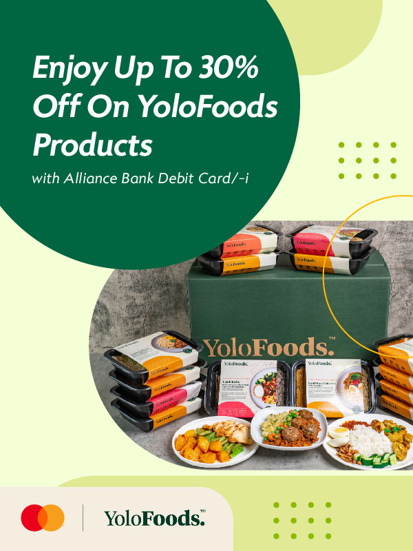 Enjoy up to 30% off Description: on YoloFoods products with Alliance Bank Debit Card/-i